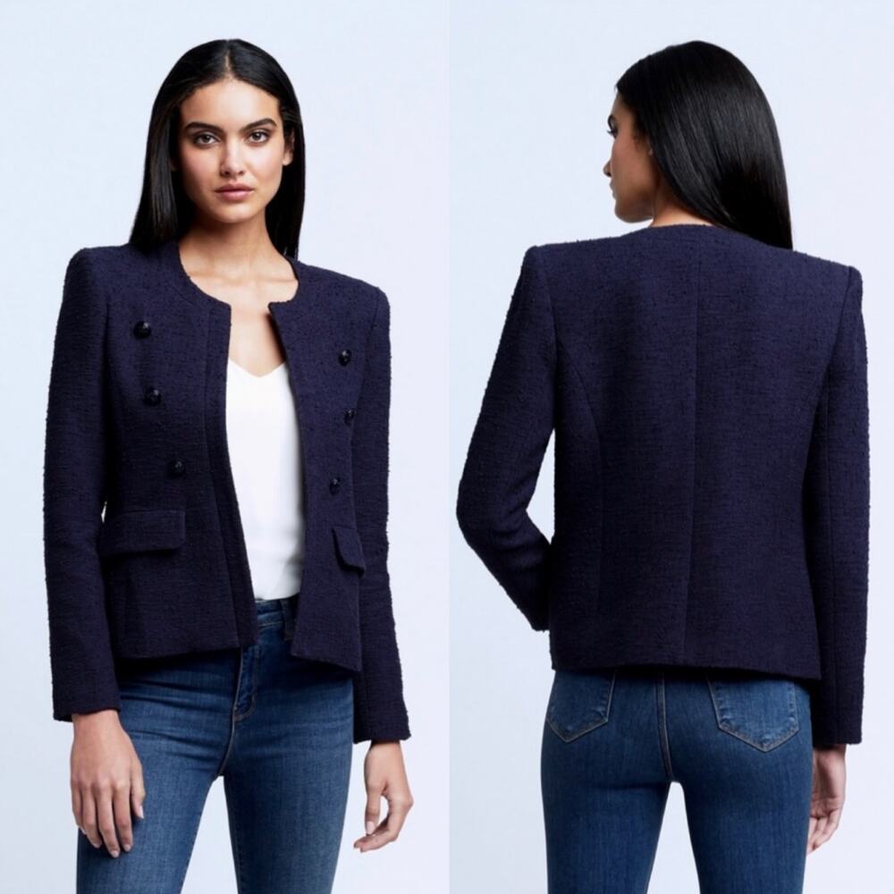 L'agence Effie Jacket Tweed Boucle Blazer in Midnight Navy Blue Size 8 Large - Picture 2 of 10